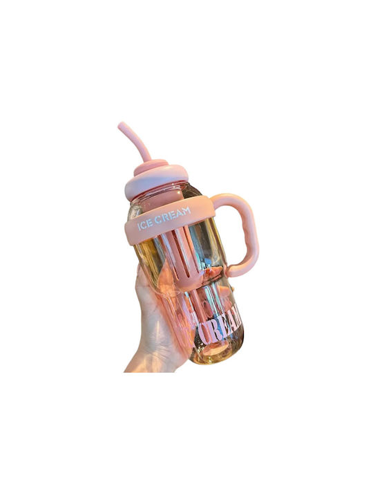 Wasserflasche Kunststoff mit Strohhalm und Filter 1300ml Rosa