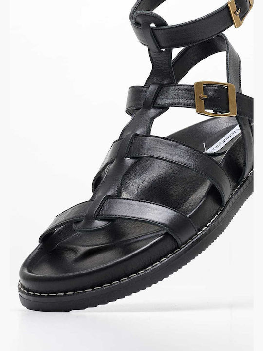 Mortoglou Leder Damen Flache Sandalen in Schwarz Farbe