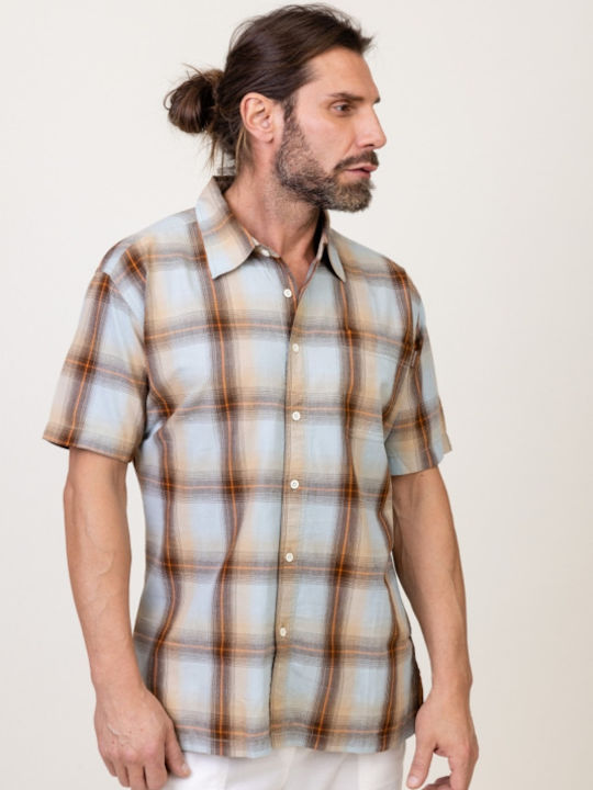 Pronomio Men's Shirt Short Sleeve Cotton Checked Open Chocolate