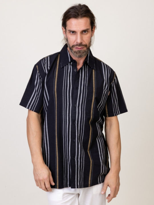 Pronomio Men's Shirt Short Sleeve Cotton Striped Black