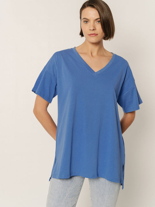 Edward Jeans Γυναικεία Μπλούζα με V Λαιμόκοψη Μπλε