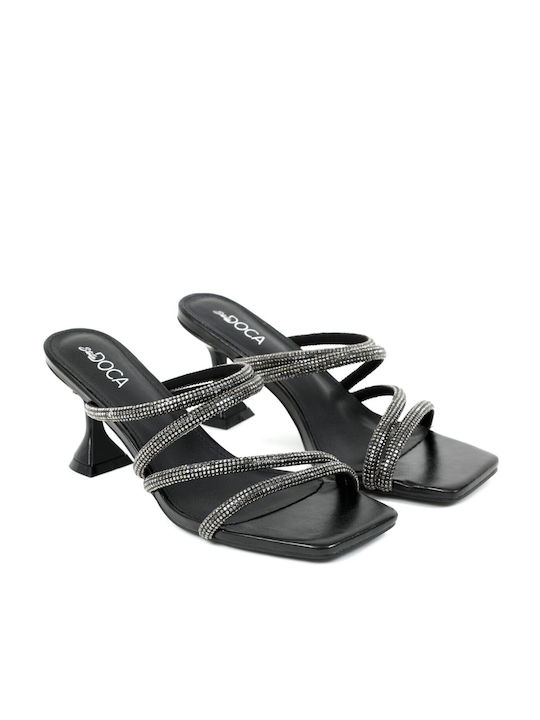 Doca Synthetic Leather Women's Sandals with Strass Black with Medium Heel