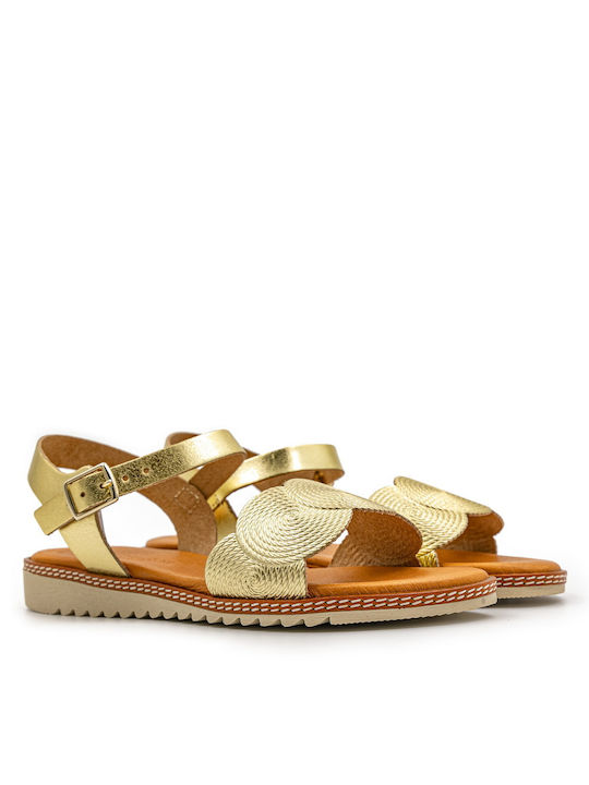 Eva Frutos Leather Women's Flat Sandals with Strap in Gold Color