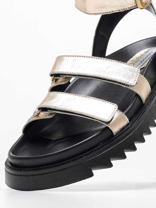 Leather Women's Flat Sandals with Strap in Gold Color