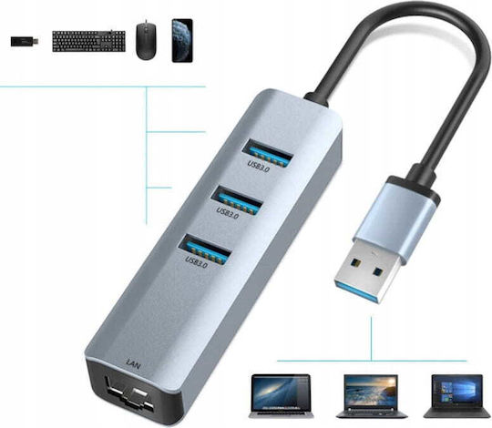 Zenwire USB 3.0 3 Port Hub with USB-A / Ethernet Connection Gray