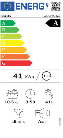 Hisense Πλυντήριο Ρούχων 10.5kg με Τεχνολογία Ατμού 1400 Στροφών Auto Wash WF3S1043BW3