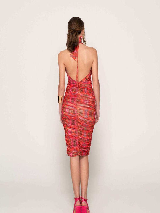 Mairis Midi Βραδινό Φόρεμα με Διαφάνεια Κόκκινο