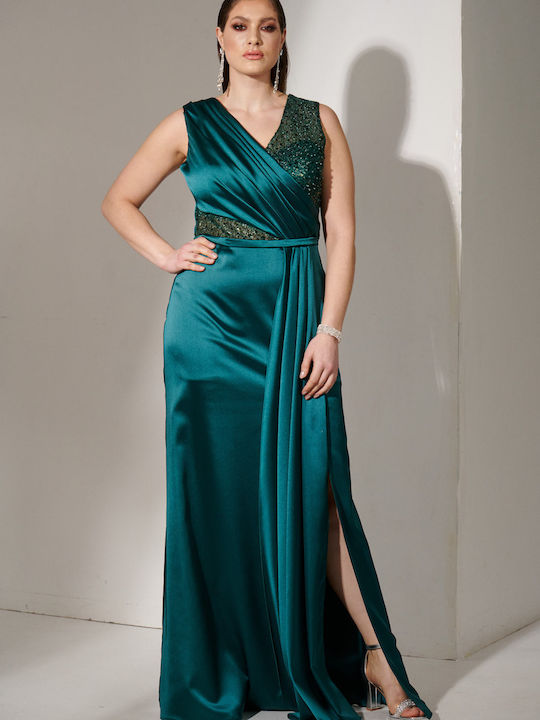 Maxi Evening Satin Drape Wrap Dress with Tearing Emerald