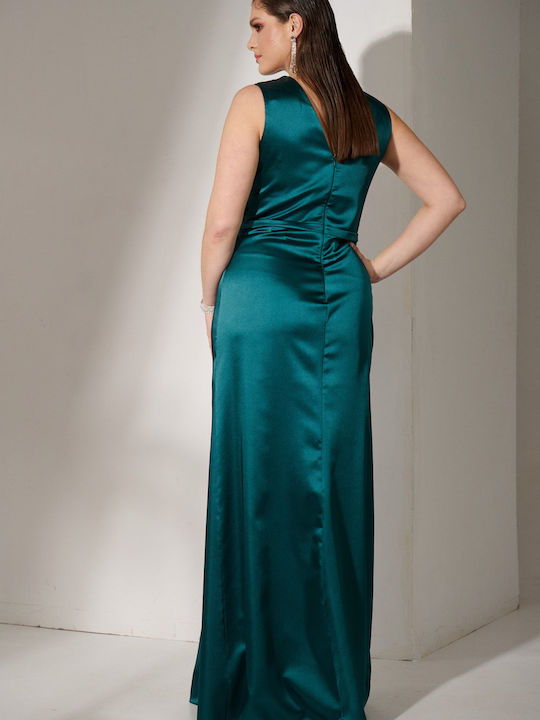 Maxi Evening Satin Drape Wrap Dress with Tearing Emerald