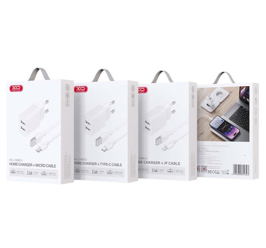 XO Φορτιστής με 2 Θύρες USB-A και Καλώδιο Lightning Λευκός (L109 UK)
