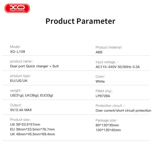 XO Charger with 2 USB-A Ports and Cable micro USB Whites (L109 UK)