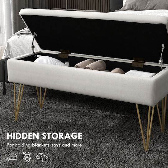 Bench Stool With Storage Space Upholstered In Cream Fabric 100x40x49cm