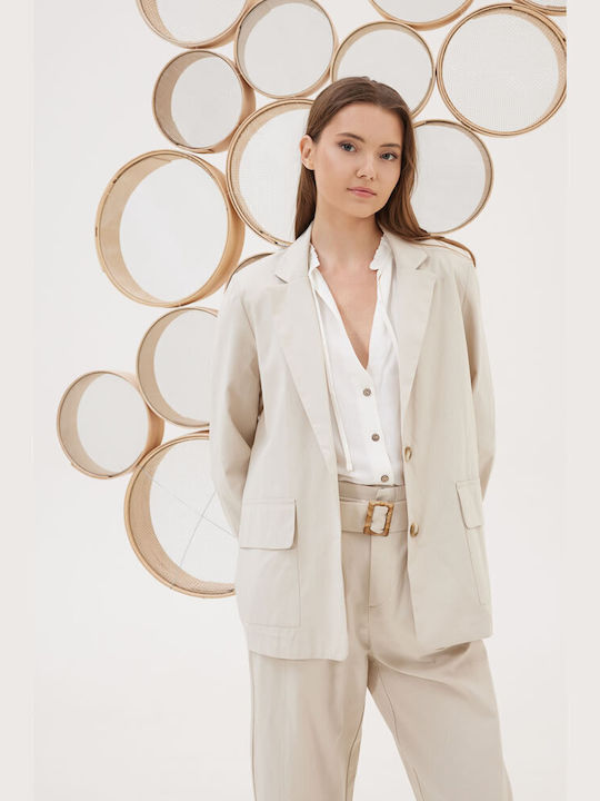 Comfortable Fit Blazer with Lapel Collar and Shoulder Pads Ss1924003 Natural Poros Namaste