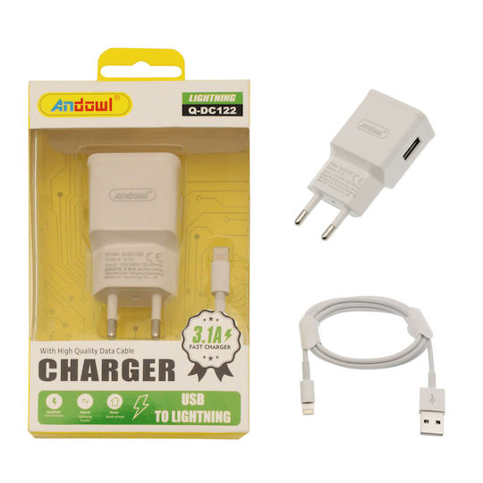 Andowl Φορτιστής και Καλώδιο Lightning 15W Λευκός (Q-DC122)