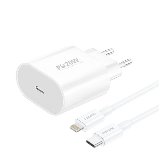 Foneng Φορτιστής με Θύρα USB-C και Καλώδιο USB-C - Lightning 20W Power Delivery Λευκός (EU39)