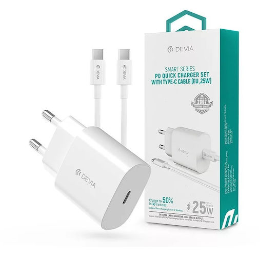 Devia Charger with USB-C Port and Cable USB-C - USB-C 25W Power Delivery Whites (EA455)