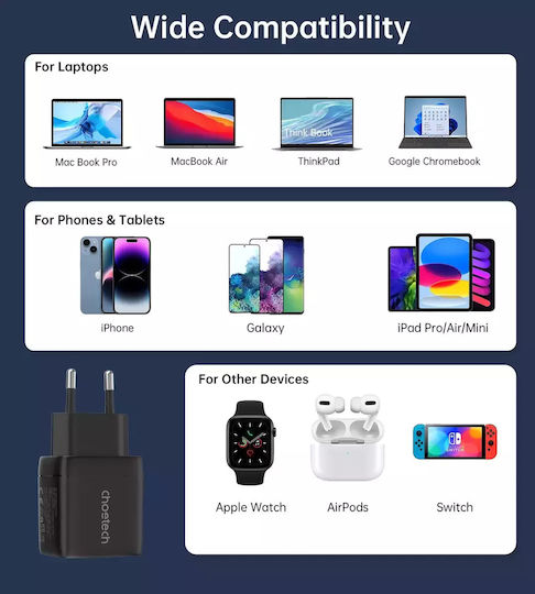 Choetech Φορτιστής Χωρίς Καλώδιο GaN με 2 Θύρες USB-C 35W Power Delivery Μαύρος (PD6051)