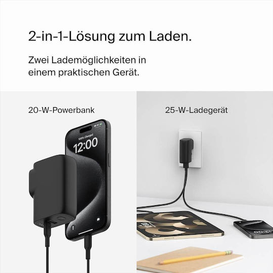 Belkin Φορτιστής με Θύρα USB-A και Θύρα USB-C και Καλώδιο USB-C - USB-C 25W Power Delivery Μαύρος (BOOST Charge Hybrid Dual Charger + Power Bank 5K)