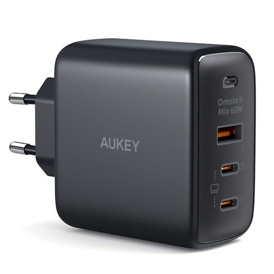 Aukey Charger Without Cable GaN with USB-A Port and 2 USB-C Ports 65W Power Delivery Blacks (Omnia II)