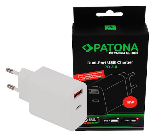 Patona Ladegerät ohne Kabel mit USB-A Anschluss und USB-C Anschluss 18W Weißs (IM0928)