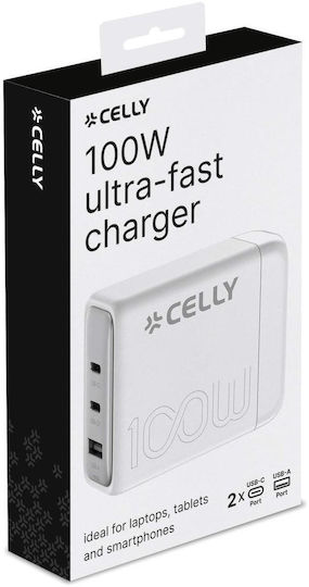 Celly GaN Handyladegerät mit USB-A Ausgangsanschluss und 2 USB-C Ausgangsanschlüssen 100W in Weiß