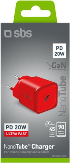 SBS Φορτιστής Χωρίς Καλώδιο GaN με Θύρα USB-C 20W Power Delivery Κόκκινος (TRGAN1C20R)