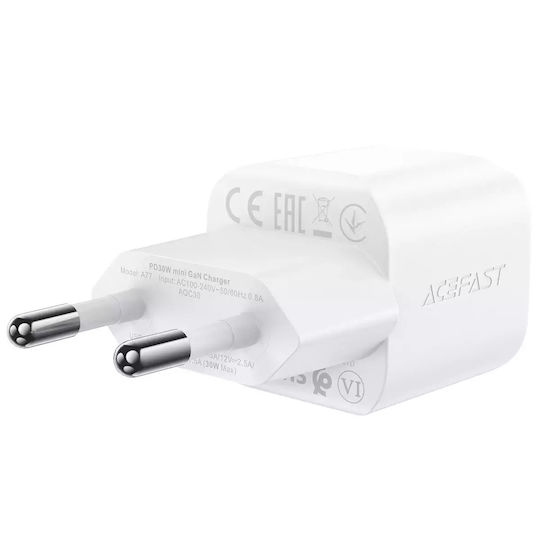 Acefast Încărcător Fără Cablu GaN cu Port USB-C 30W Livrarea energiei / Quick Charge 2.0 / Quick Charge 3.0 / Quick Charge 4+ Albς (A77)