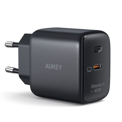 Aukey Încărcător Fără Cablu GaN cu 2 Porturi USB-C 45W Livrarea energiei Negruς (Omnia II)