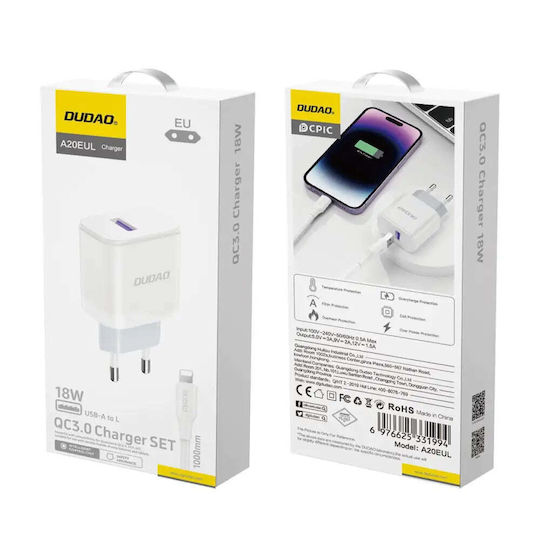 Dudao Φορτιστής με Θύρα USB-A και Καλώδιο Lightning 18W Λευκός (A20EU)