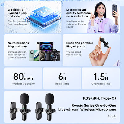 Remax Wireless Microphone Κ09 Live-Stream One-to-One Type-C Lapel Journalistic