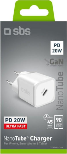 SBS SBS GaN Handyladegerät ohne Kabel mit USB-C Ausgangsanschluss 20W Stromlieferung Weiß