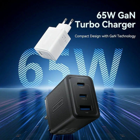 Vention Charger Without Cable GaN with USB-A Port and 2 USB-C Ports Whites (FERW0-EU)