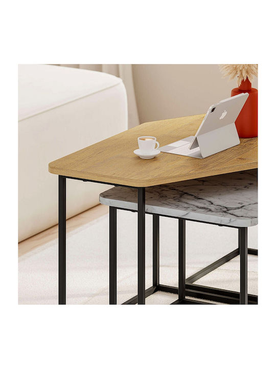 Megapap Kaffeetische Nesty Holz Saphhire Eiche Rechteckig Grau Retro Weiß Marmor-Effekt 3Stücke M110xL60xH48cm