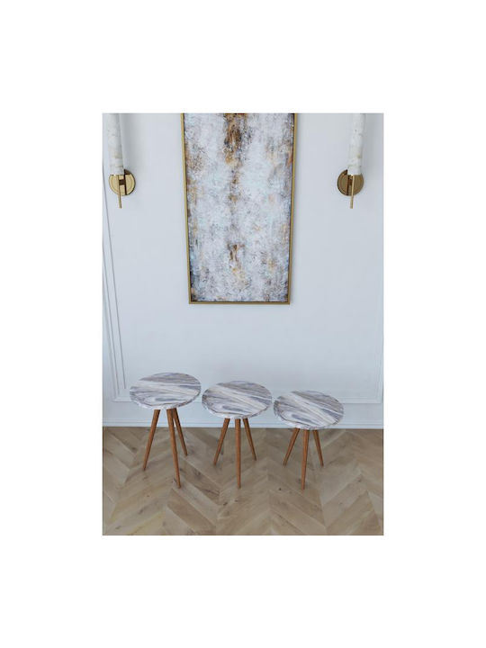 Round Side Table Bisi from Solid Wood Grey / Marble face 3pcs L33.5xW33.5xH52cm.