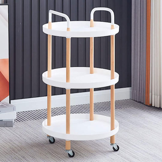 Round Metal Side Table with Wheels White Natural M48xP48xH81.5cm