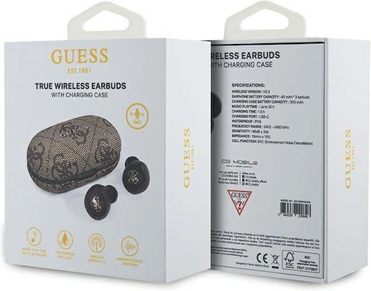 Guess 4G PU Metal Logo In-ear Bluetooth Handsfree Earphones with Charging Case Brown