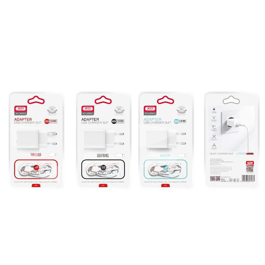 XO Φορτιστής με Θύρα USB-A και Καλώδιο micro USB Λευκός (L99)