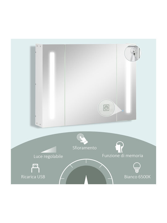 Kleankin Bathroom Mirror Led with Shelf & Cabinet 90x15cm White