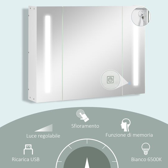 Kleankin Bathroom Mirror Led with Shelf & Cabinet 90x15cm White