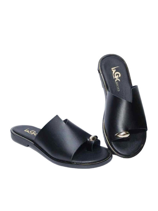 Leather Women's Flat Sandals in Black Color