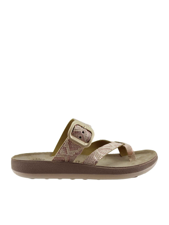 Leather Women's Flat Sandals Rosegold Lizard