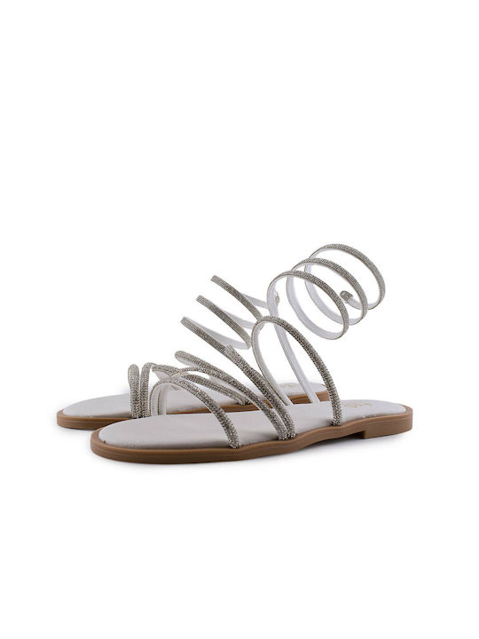 Love4shoes Leder Damen Flache Sandalen in Silber Farbe