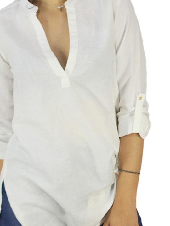 Summer Linen Tunic with V Neckline Off White