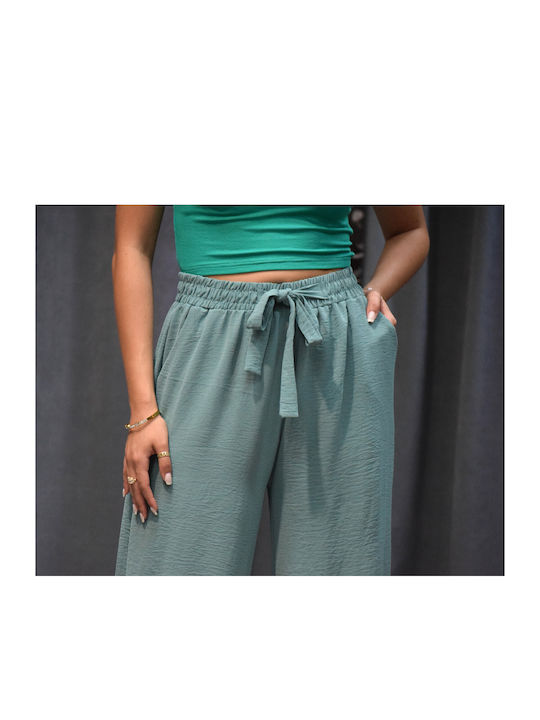 Zilan Women's High-waisted Fabric Trousers with Elastic in Loose Fit Turquoise