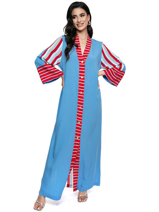 Long Kaftan Dress Stripes Blue Red