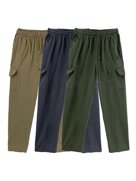 Men's Linen Cargo Trousers with Elastic Waistband