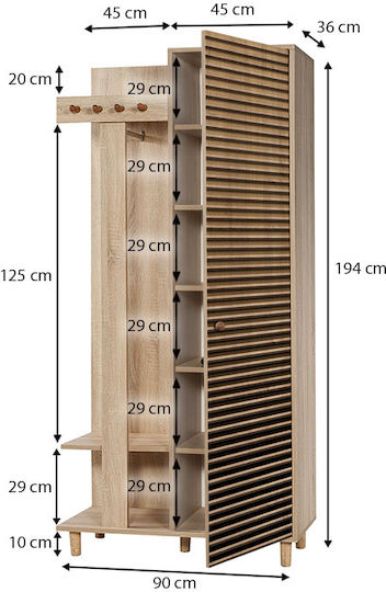 Soho Eingangsmöbel mit Garderobe & Schuhschrank Sonoma 90x36x194cm