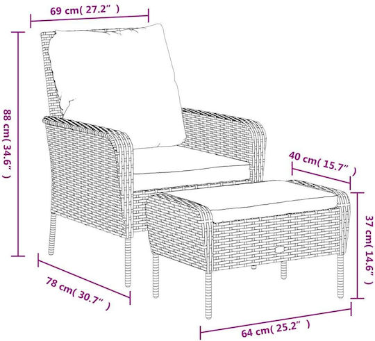 Outdoor-Sessel Rattan Black Velvet-Black Metal mit Kissen 69x78x88εκ.