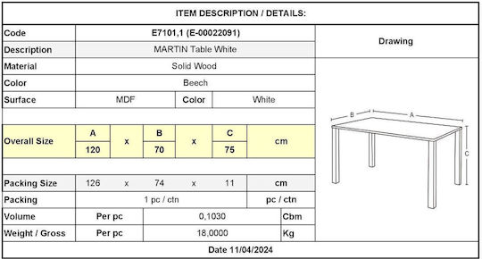 Martin Τραπεζαρίας Φυσικό, Άσπρο 120x70x75εκ. Martin Τραπεζαρίας Φυσικό, Άσπρο 120x70x75εκ.