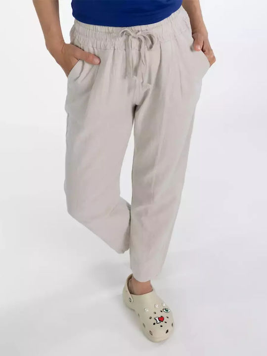 Leinenhose mit weitem Bein und Taschen Beige
